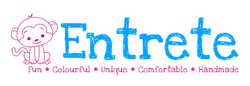 Entrete Kids logo. A fun monkey, in purple next to calypso entrete branding in the style of a child's handwritting. Entrete's ethos fun, colourful, unique, comfortable, handmade in a fun purple kids font.