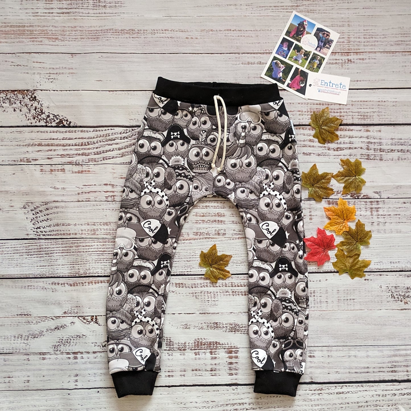Fun, black and white cartoon owls harem joggers. Handmade using monochrome owls cotton sweatshirt fleece and black cotton ribbing.