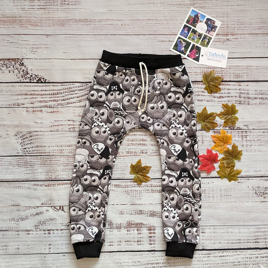 Fun, black and white cartoon owls harem joggers. Handmade using monochrome owls cotton sweatshirt fleece and black cotton ribbing.