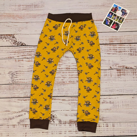 Adorably fun mustard Vikings harem joggers. Lovingly handmade using mustard Vikings and chocolate cotton jersey's.