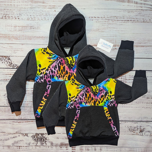 The vivid neon animal print Mama and mini hoodie set. Handmade using neon animal print and charcoal cotton French Terry's and cotton ribbing.
