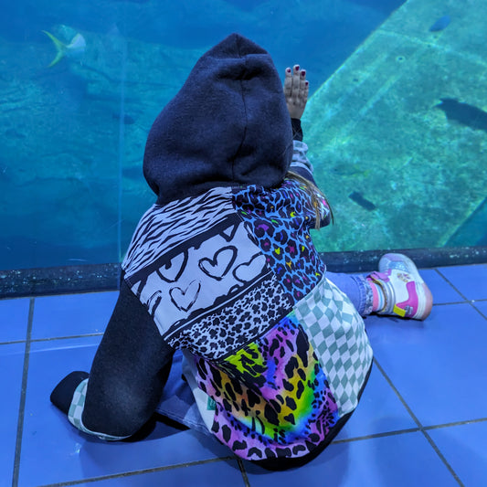 The fabulous mint checked, animal hearts and neon leopard hoodie. Handmade in cotton French terry. With a gorgeous patchwork design.