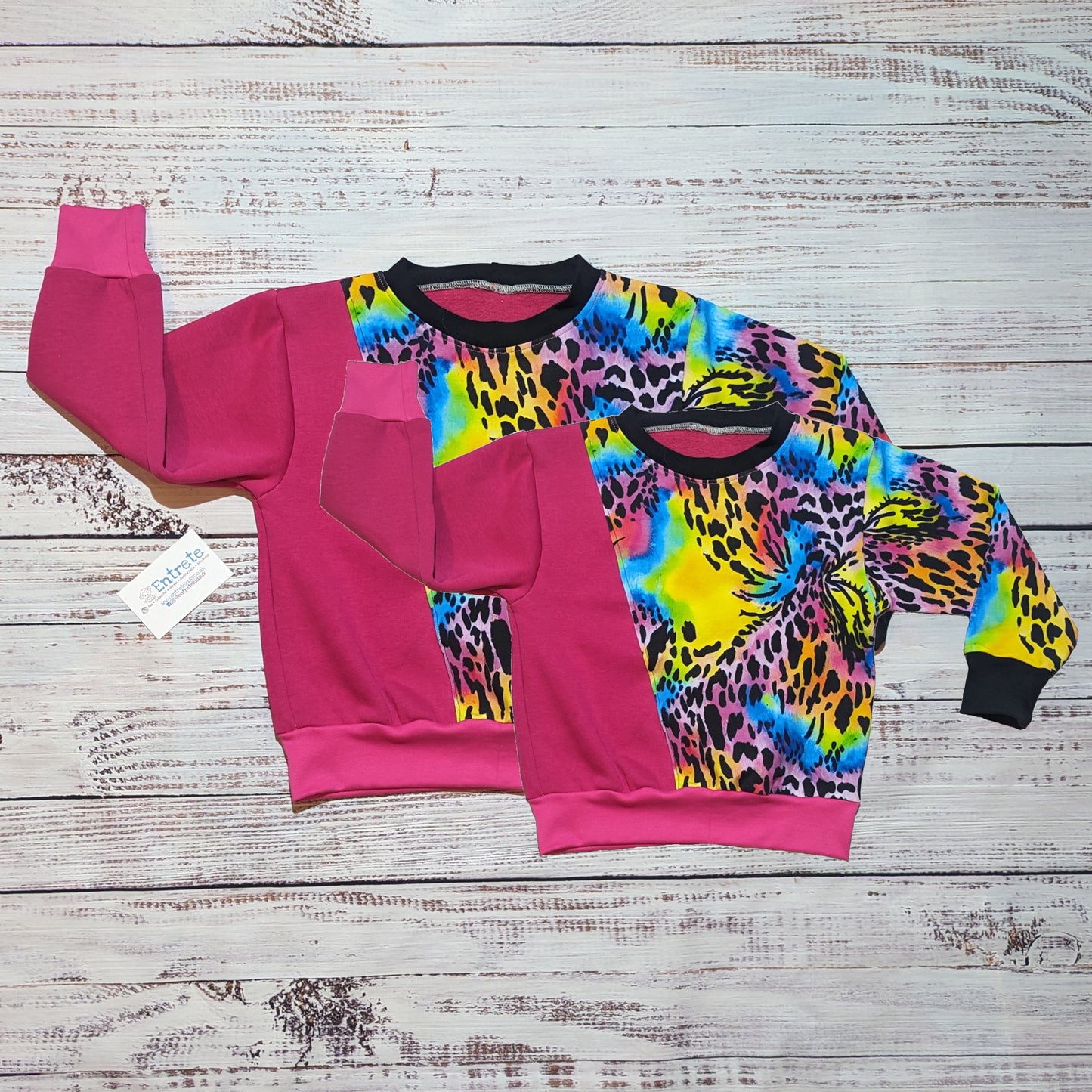 Colourful neon animal print and fuchsia mama and mini sweatshirt sets.