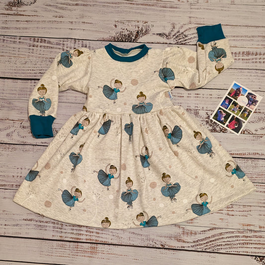 The warm and comfy light grey ballerinas winter dress. Handmade using light grey ballerinas cotton sweatshirt fleece and teal cotton ribbing.