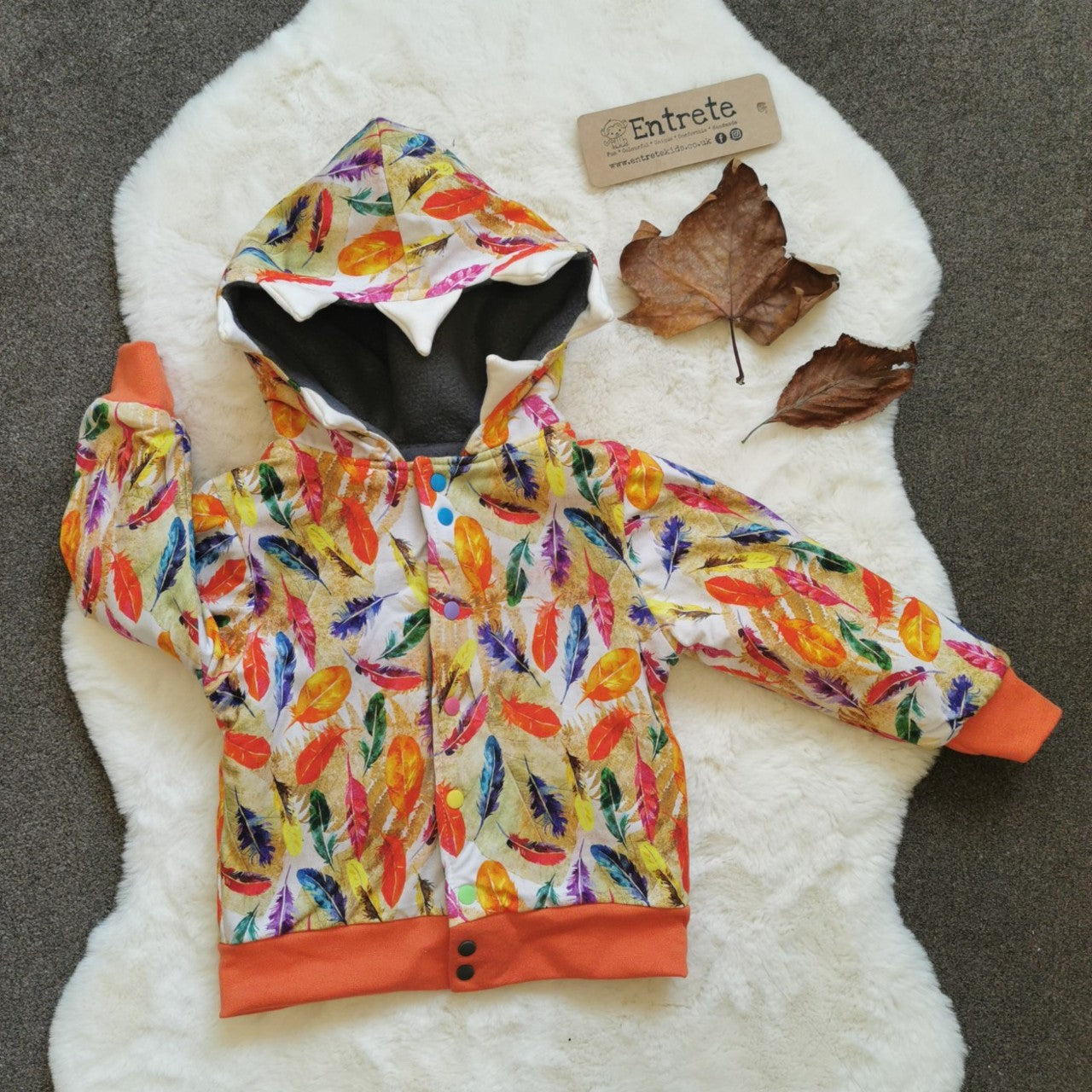 Reversible Popper Hoodie or Sleeveless - Grey & Orange Dinosaur / Feathers & Orange