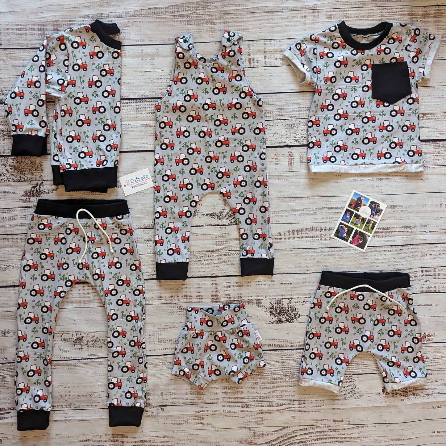 The entire grey tractors range. Including sleeveless romper, sweatshirt, T-shirt, harem joggers, harem shorts and shorts.