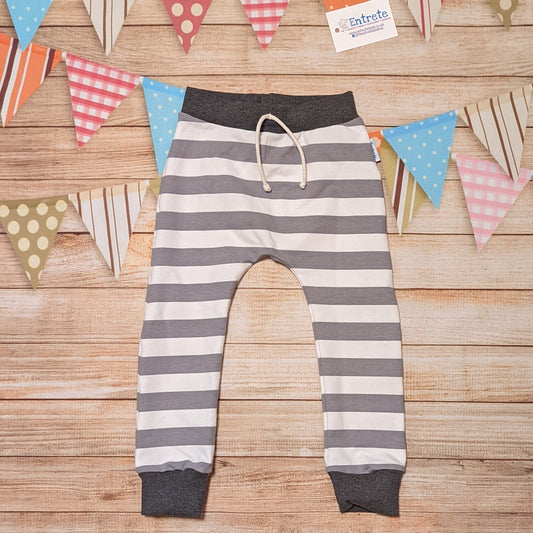 Grey and white striped harem joggers. Handmade with grey striped cotton French terry and graphite cotton ribbing.