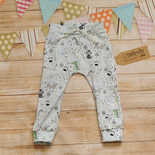 Unisex Kids harem joggers, handmade in light blue, fun kids animals cotton jersey.