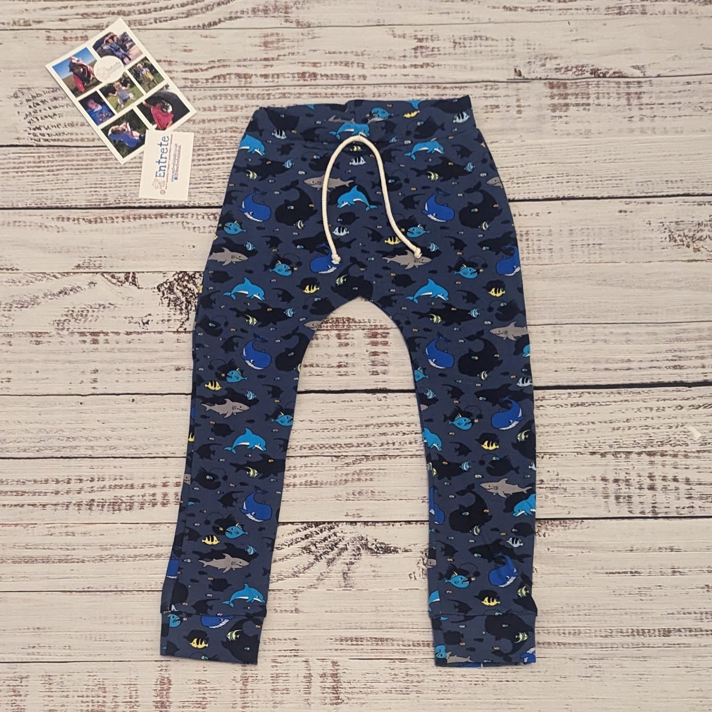 Kids navy sea creatures harem joggers. Handmade using navy sea life shadows cotton jersey.