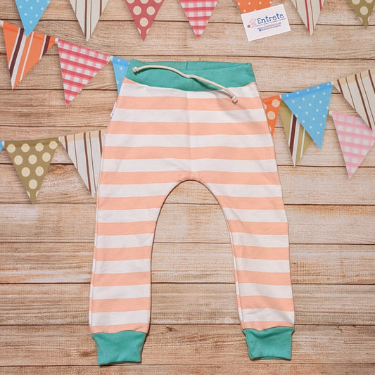 Pink and white striped harem joggers. Handmade with pink striped cotton French terry and mint cotton ribbing.