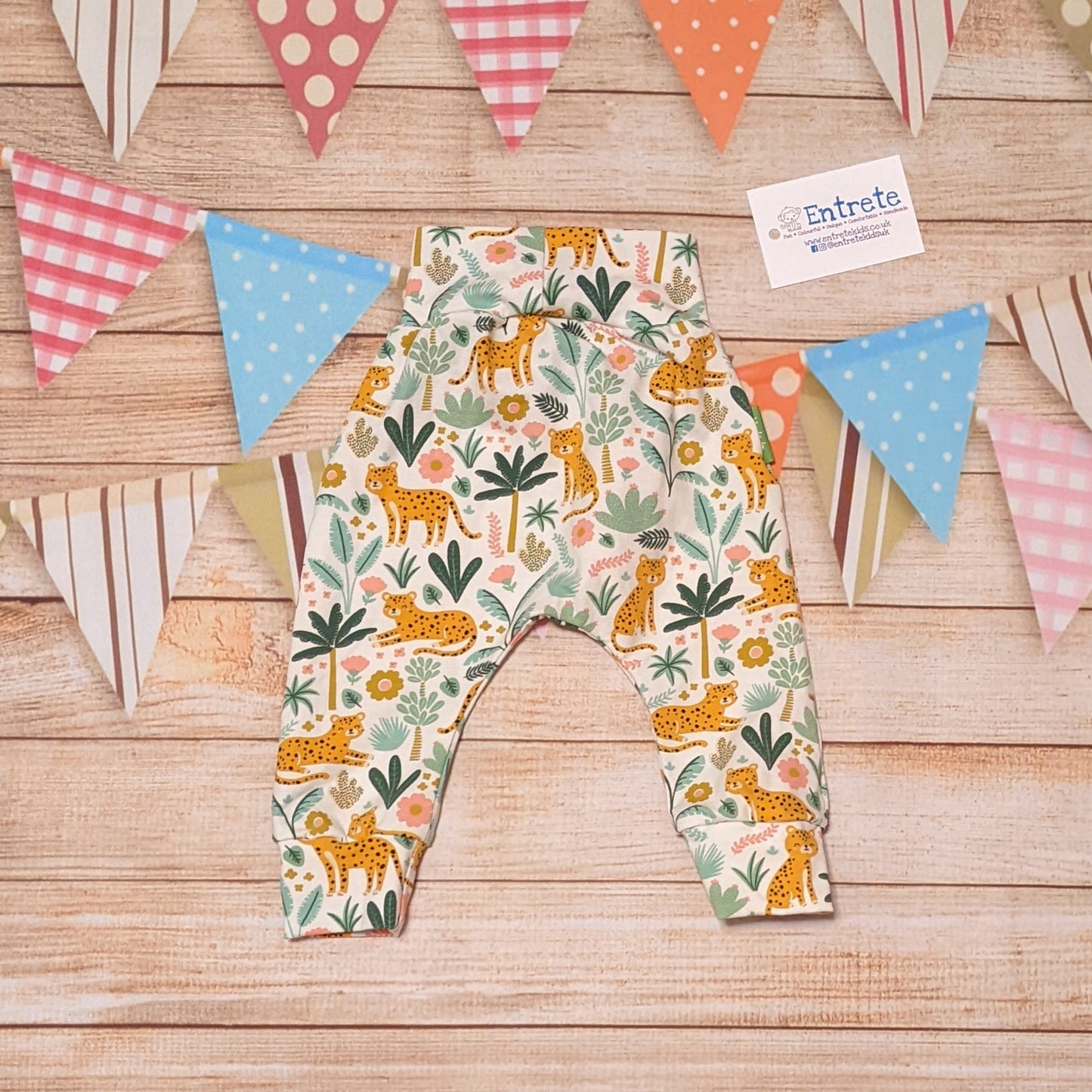 The gorgeous and elegant floral cheetah harem pants. Handmade using floral cheetah cotton jersey. Shown from the rear.
