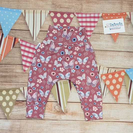 Pretty pink butterflies organic harem pants. Handmade using organic pink butterflies cotton jersey.