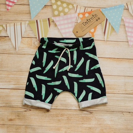 Harem shorts handmade from fun navy crocodiles cotton jersey. Featuring elasticated waist, rolled ends and lowered crotch.