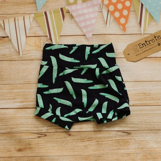 Fun child & baby shorts handmade using fun navy crocodiles cotton jersey. Soft, stretchy and very comfortable with their non-elasticated waistband.