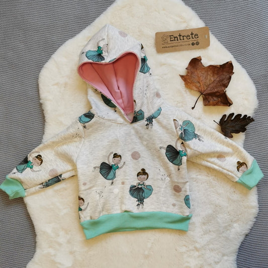 The ballerina hoodie, handmade using light grey ballerinas cotton sweatshirt fleece, pink cotton sweat fabric and mint cotton ribbing.