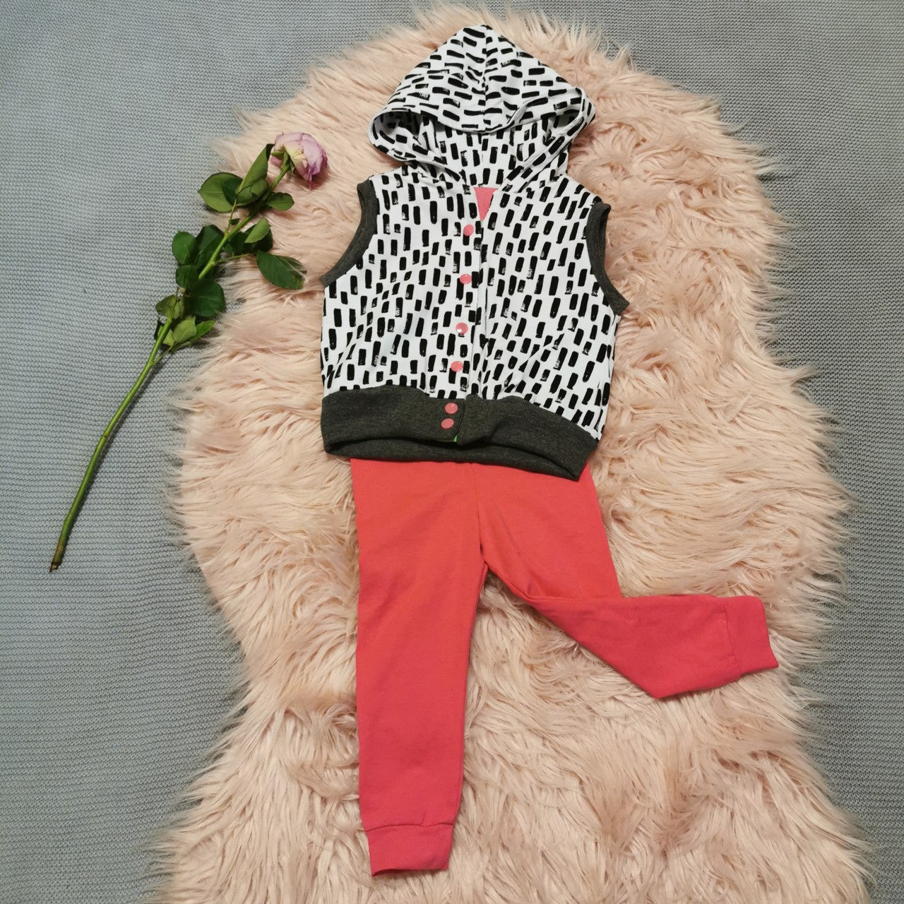 Reversible Sleeveless Popper Hoodie - Pink & Green/Abstract Stripes