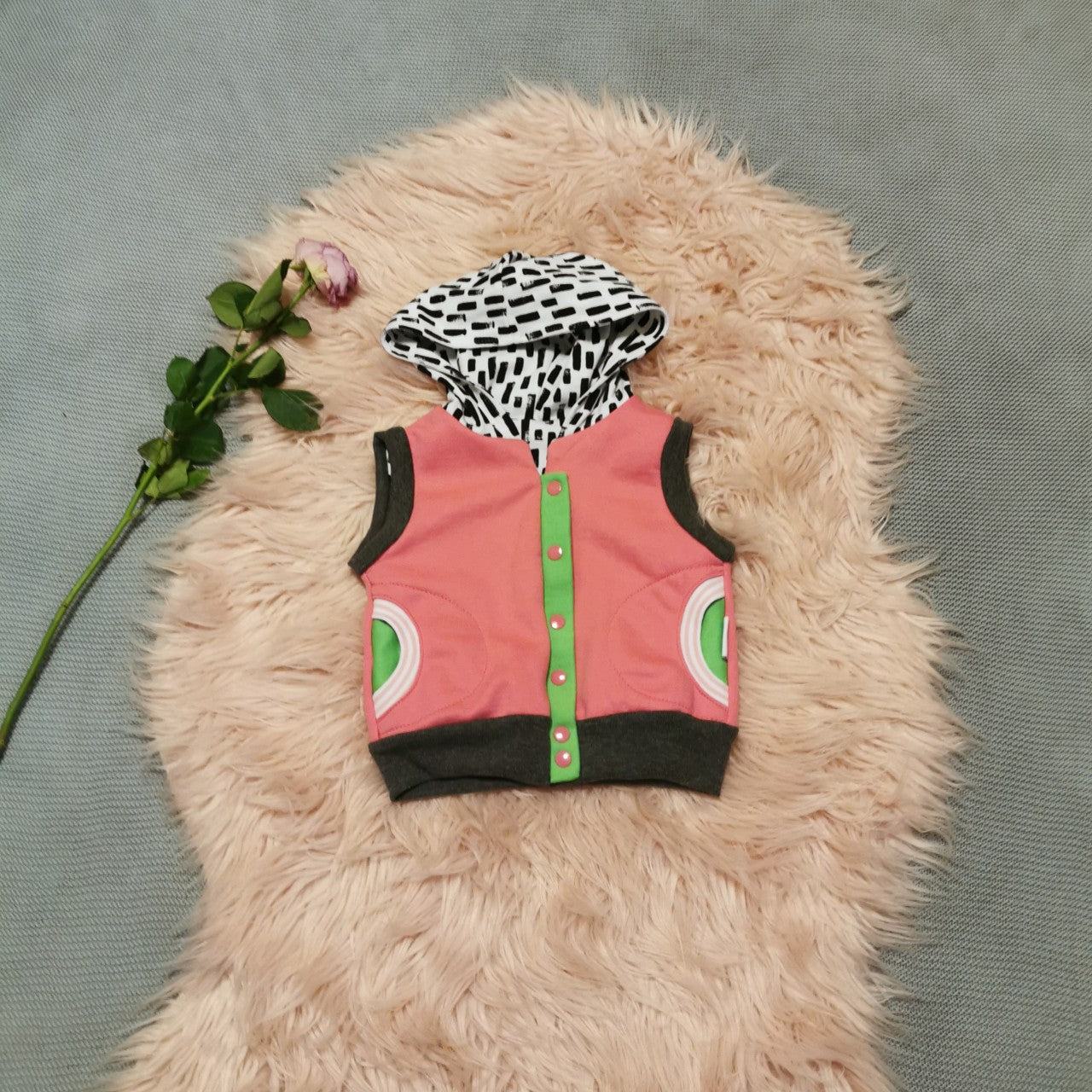 Reversible Sleeveless Popper Hoodie - Pink & Green/Abstract Stripes