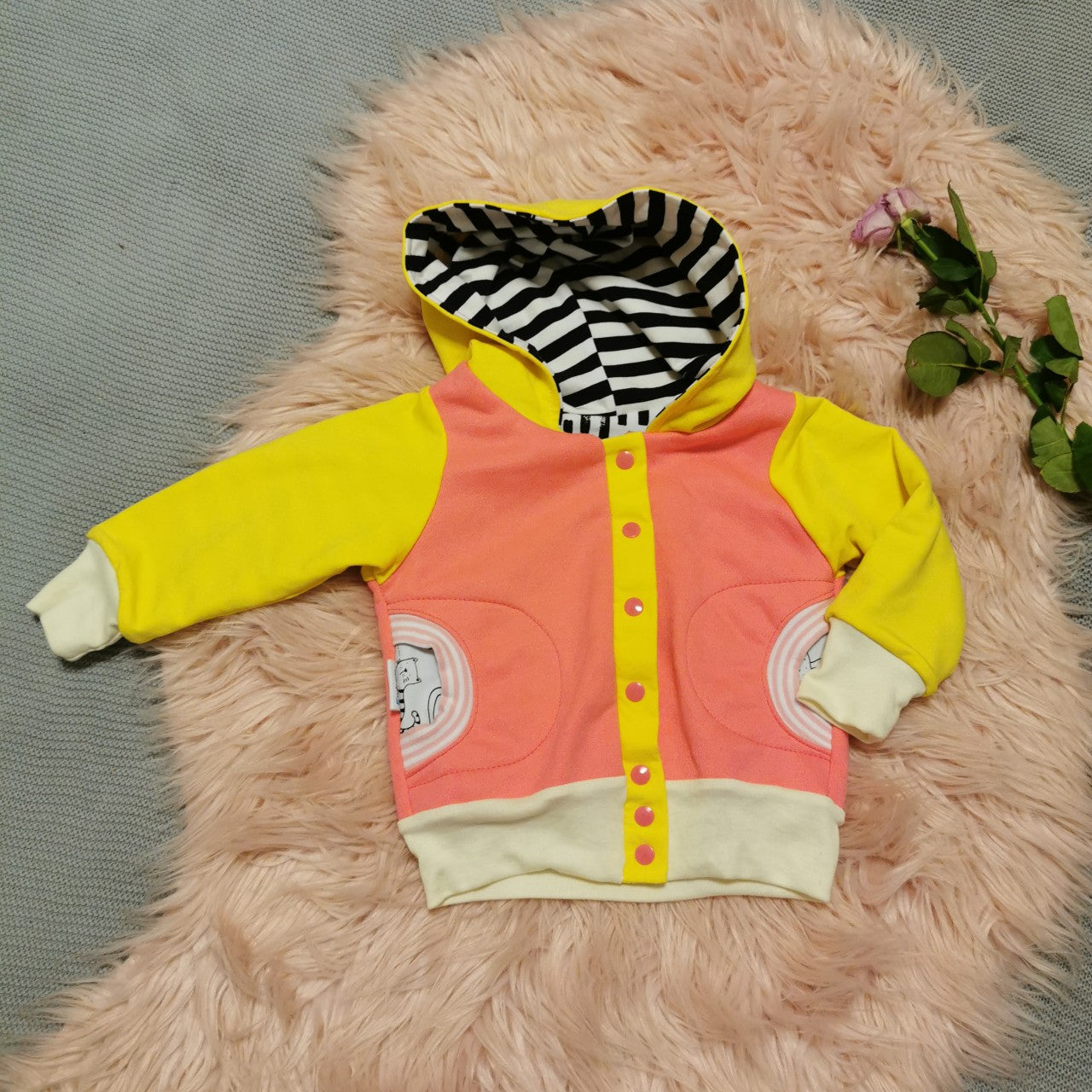 Reversible Popper Hoodie - Pink & Yellow/Abstract Stripes & Hearts