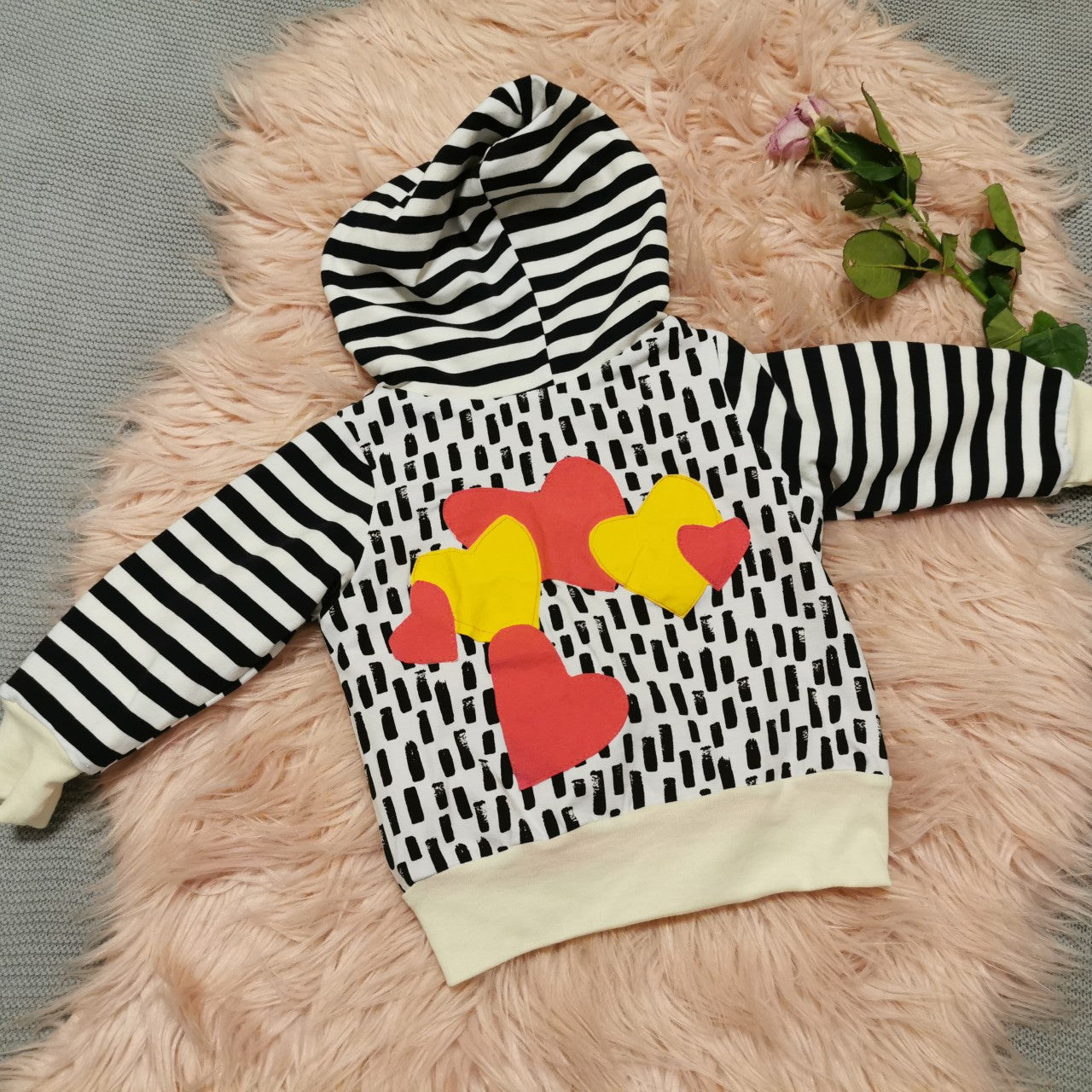 Reversible Popper Hoodie - Pink & Yellow/Abstract Stripes & Hearts