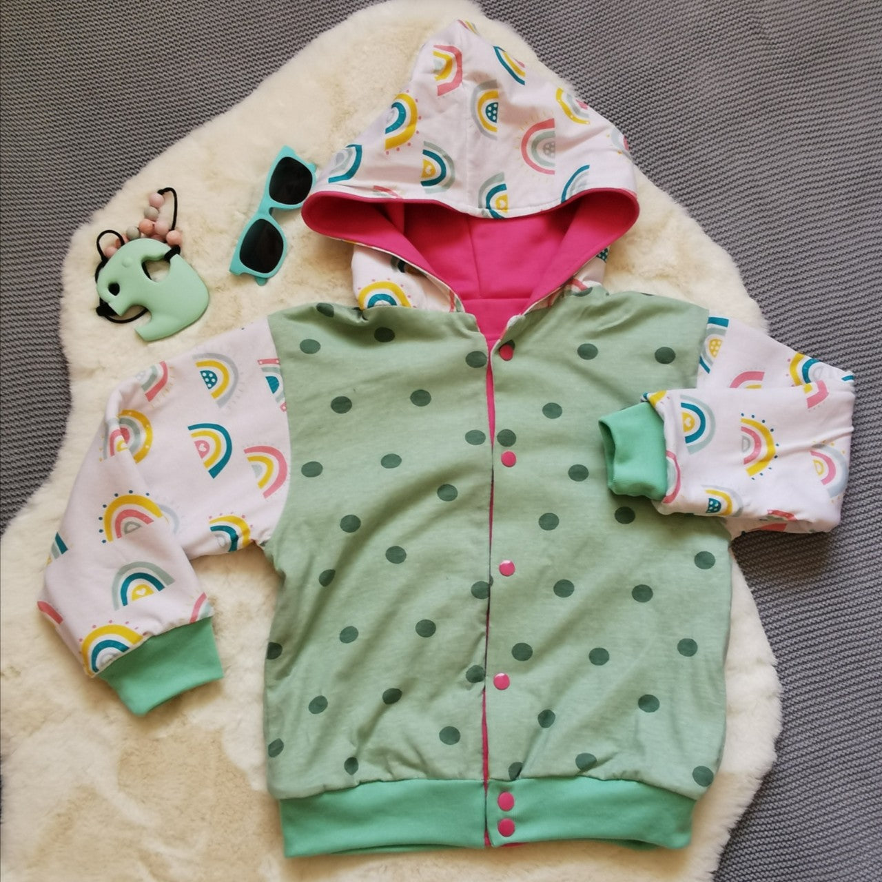Reversible Popper Hoodie - Colourful Rainbows & Mint Spots/Pink