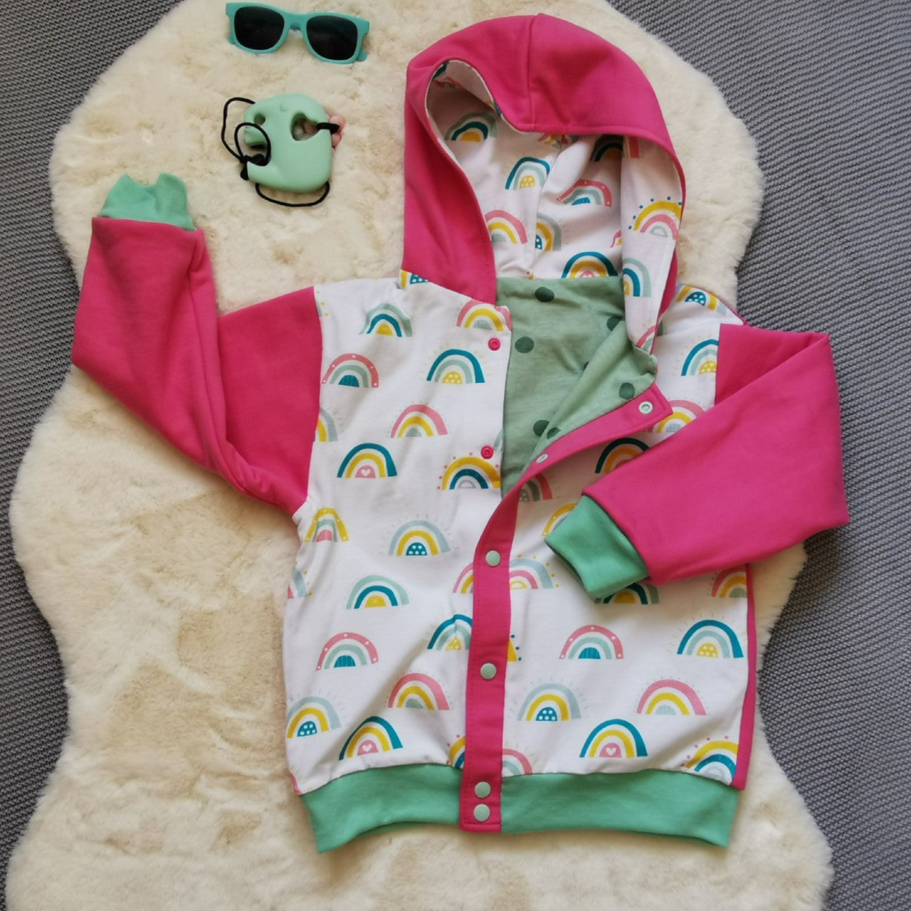 Reversible Popper Hoodie - Colourful Rainbows & Mint Spots/Pink