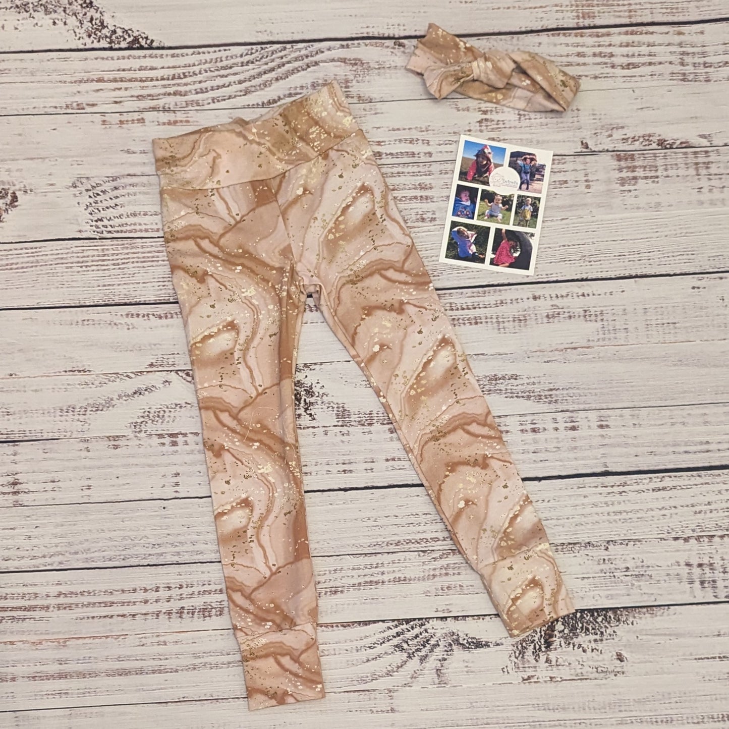 These soft and stretchy ladies leggings have an Iced Coffee appearance. Handmade using dusty pink cotton jersey. Shown with a matching headband.