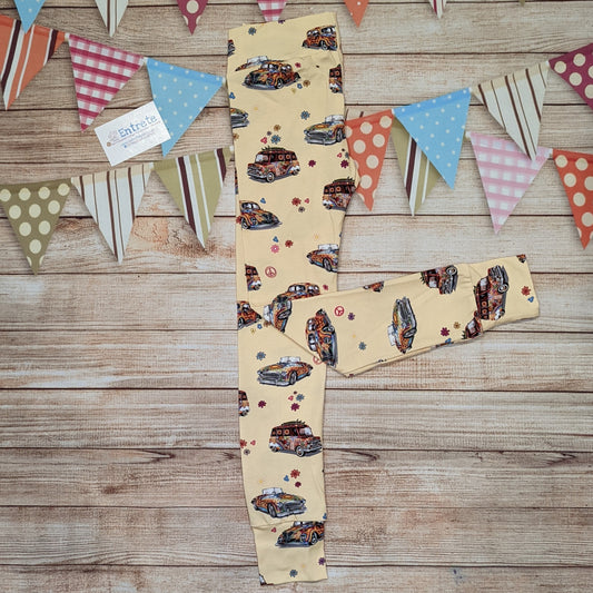 Fun retro hippie cars women's leggings, handmade using light yellow hippie cars cotton jersey. Shown folded.