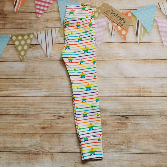 Unisex kids leggings, handmade from the colourful and fun rainbow stars cotton jersey.