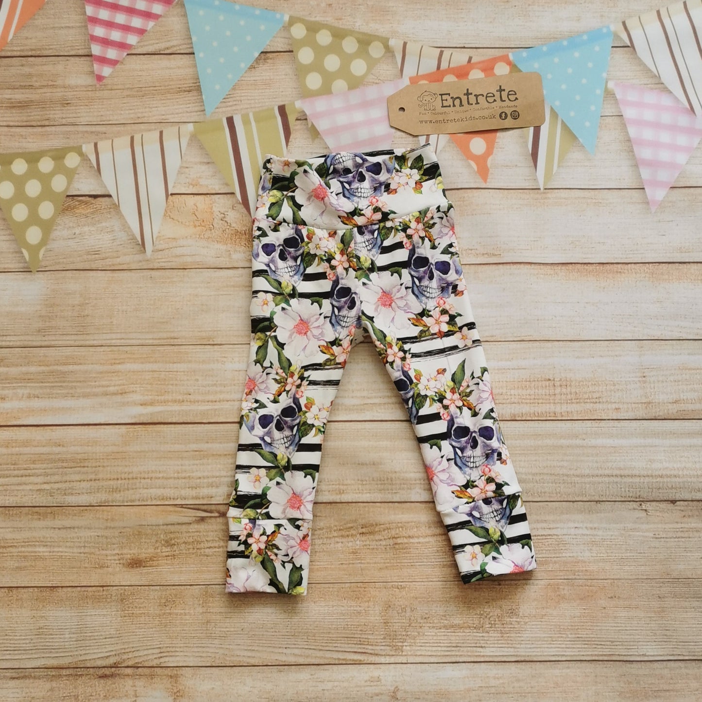 Soft, stretchy and supremely comfortable child and babies leggings. Handmade using gorgeously gothic skulls and flowers cotton jersey.