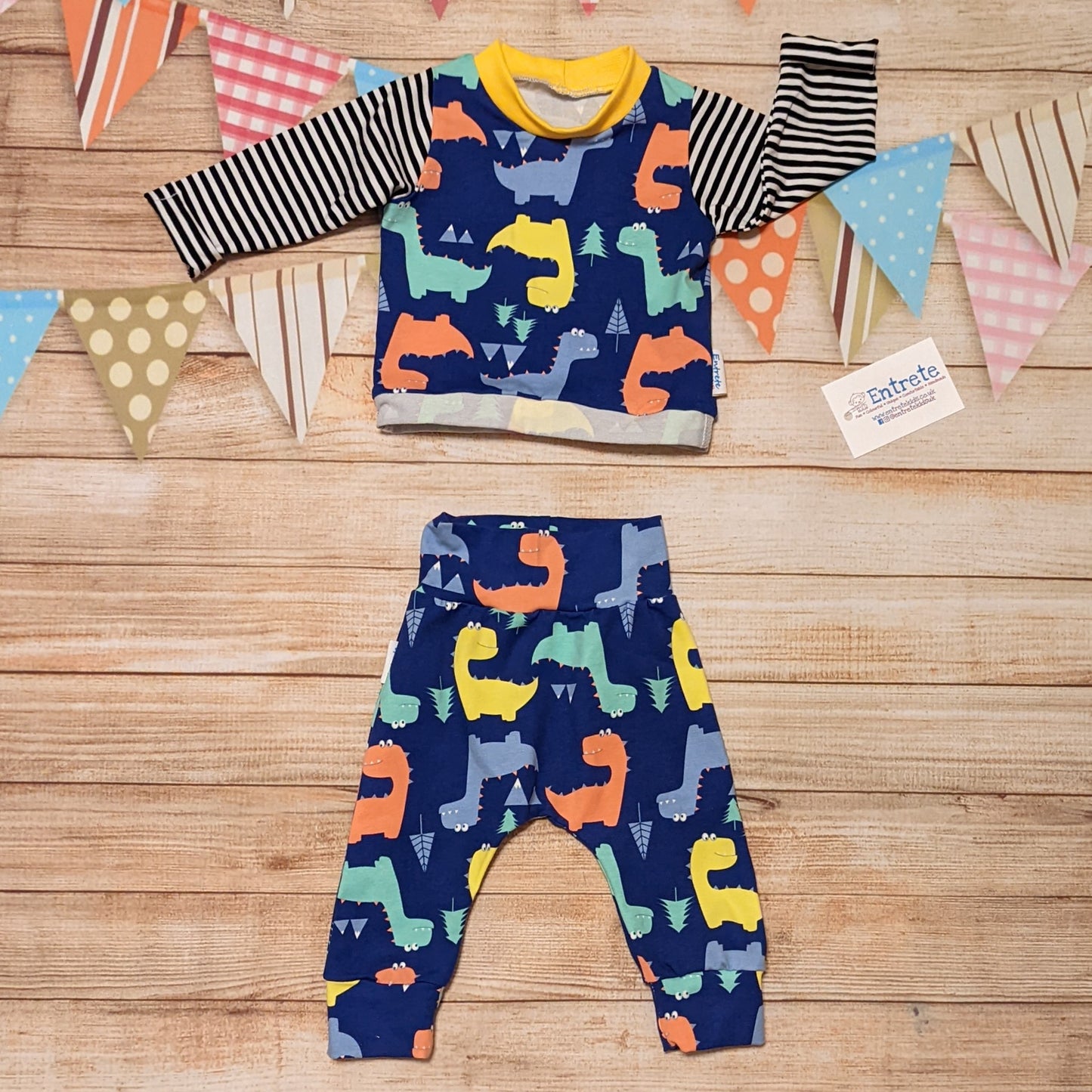 Prehistoric fun with the blue dinosaur harem pants, shown as an outfit with a matching long sleeved T-shirt.