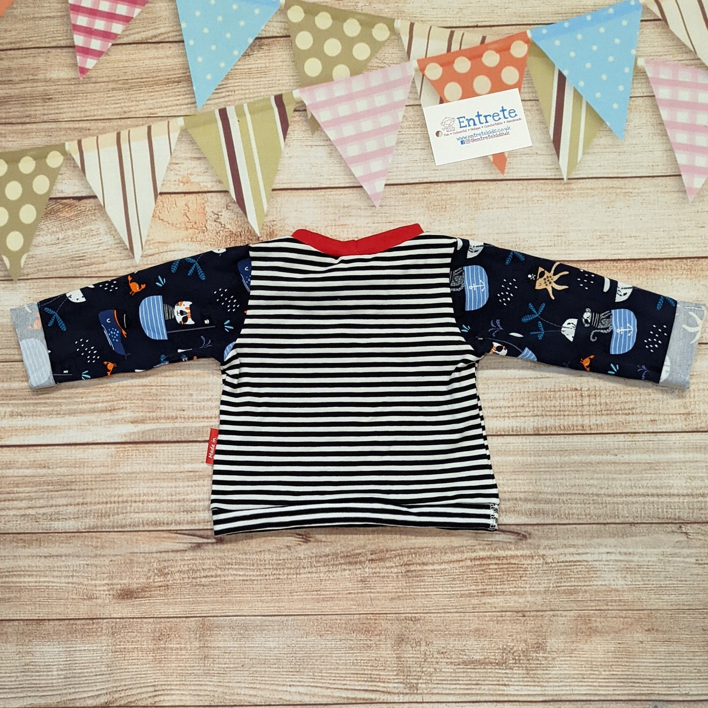 Long sleeved pirate cats T-shirt, featuring rolled cuffs and waist and a contrasting front pocket. Handmade using pirate cats, monochrome striped and red cotton jersey's with red cotton ribbing. Shown from the rear.