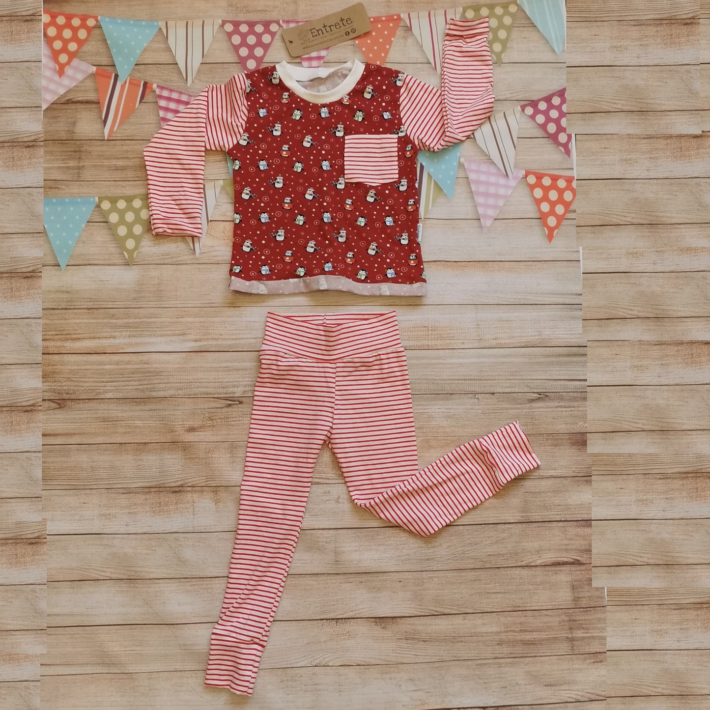 Soft and comfortable leggings handmade using red striped cotton jersey. Shown as a set with a matching long sleeve T-shirt. (sold separately)