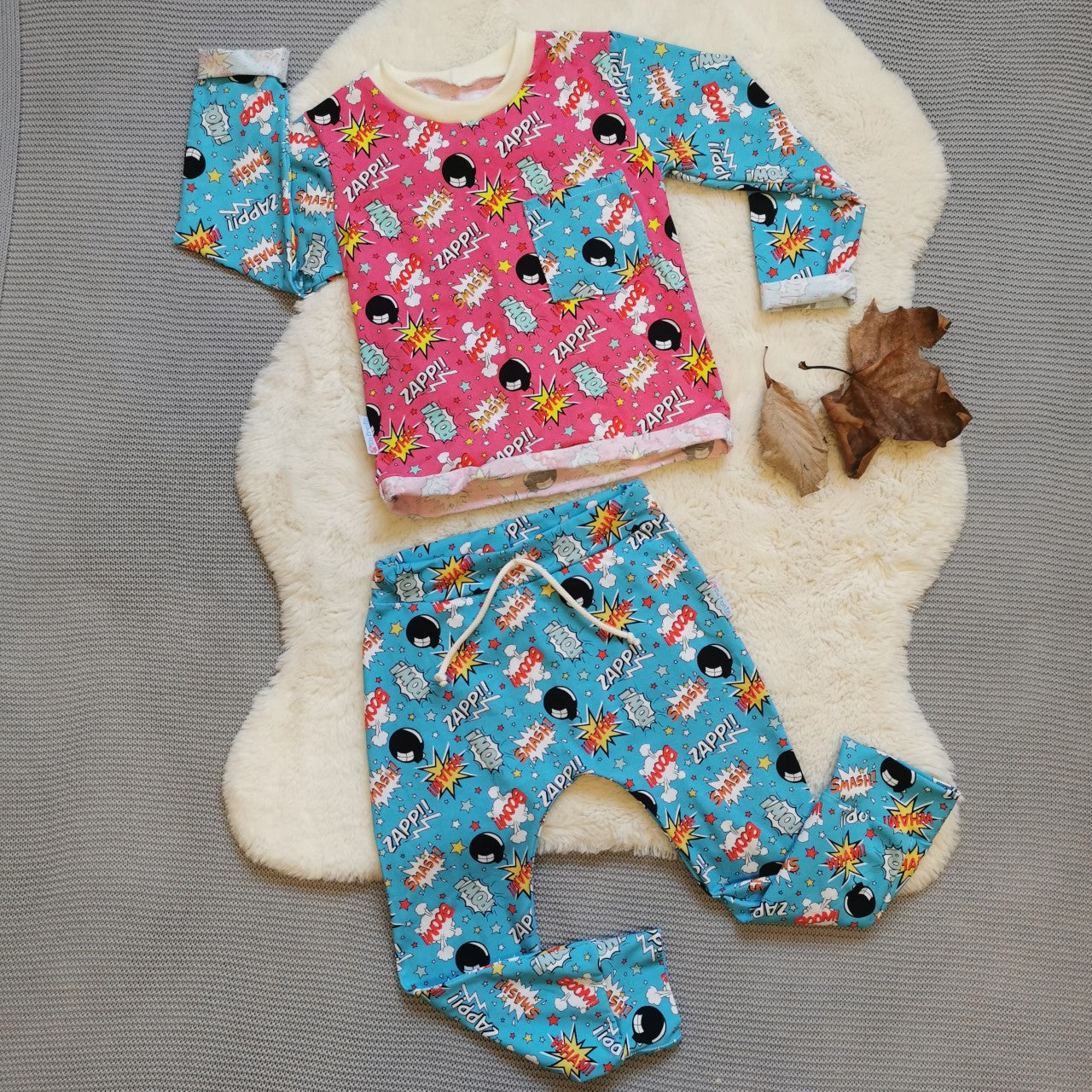 Vibrant and fun turquoise boom pow wow harem joggers, shown as a set with a matching Turquoise and pink boom pow wow top. (sold separately)