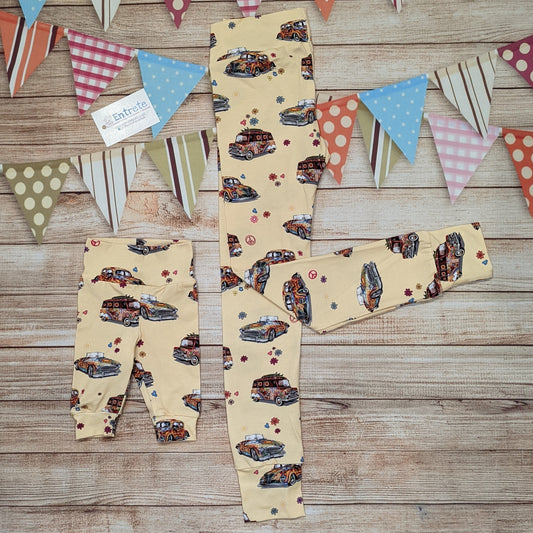 Fun retro hippie cars in a matching Mama and Mini set, handmade using light yellow hippie cars cotton jersey.