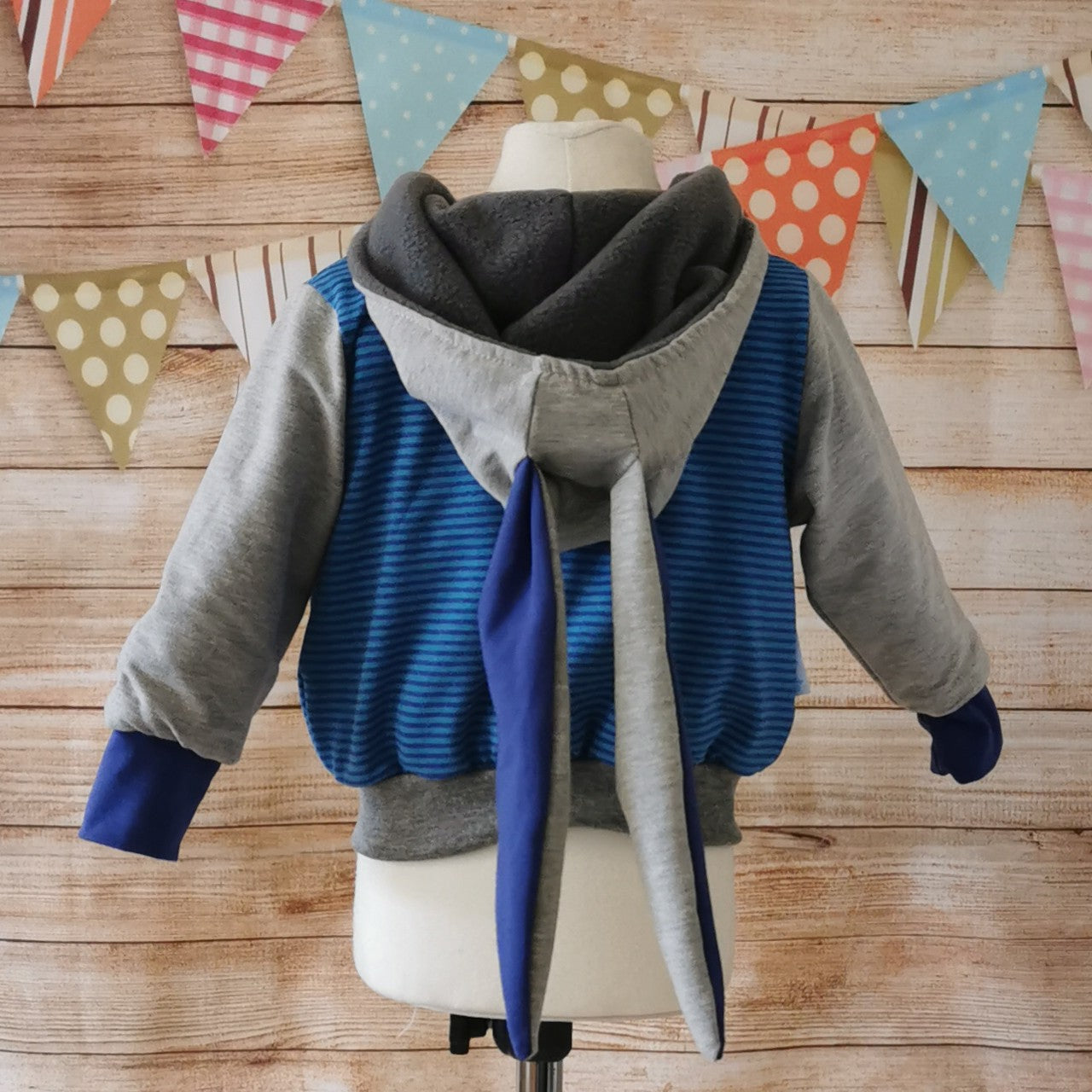 Reversible Popper Hoodie or Sleeveless - Blue Striped & Light Grey Bunny / Grey & Blue