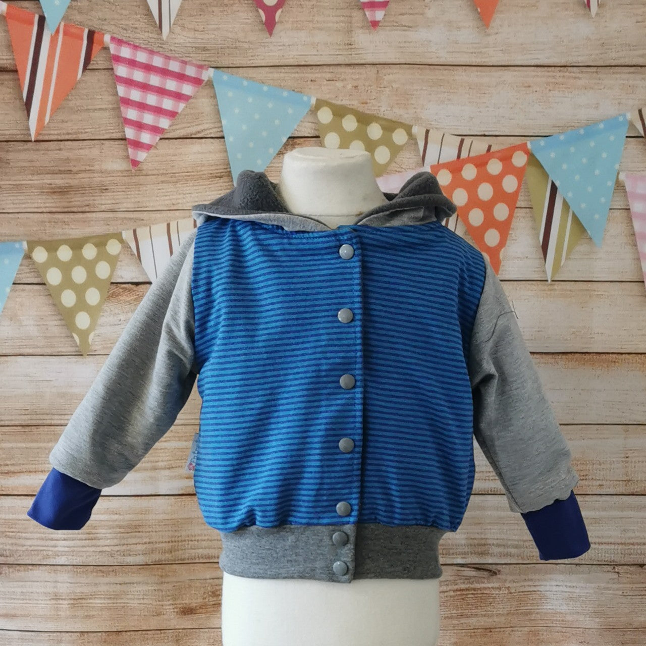 Reversible Popper Hoodie or Sleeveless - Blue Striped & Light Grey Bunny / Grey & Blue