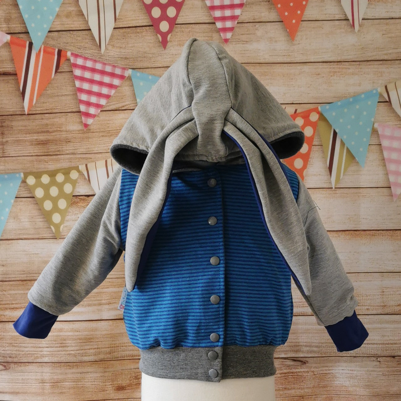 Reversible Popper Hoodie or Sleeveless - Blue Striped & Light Grey Bunny / Grey & Blue