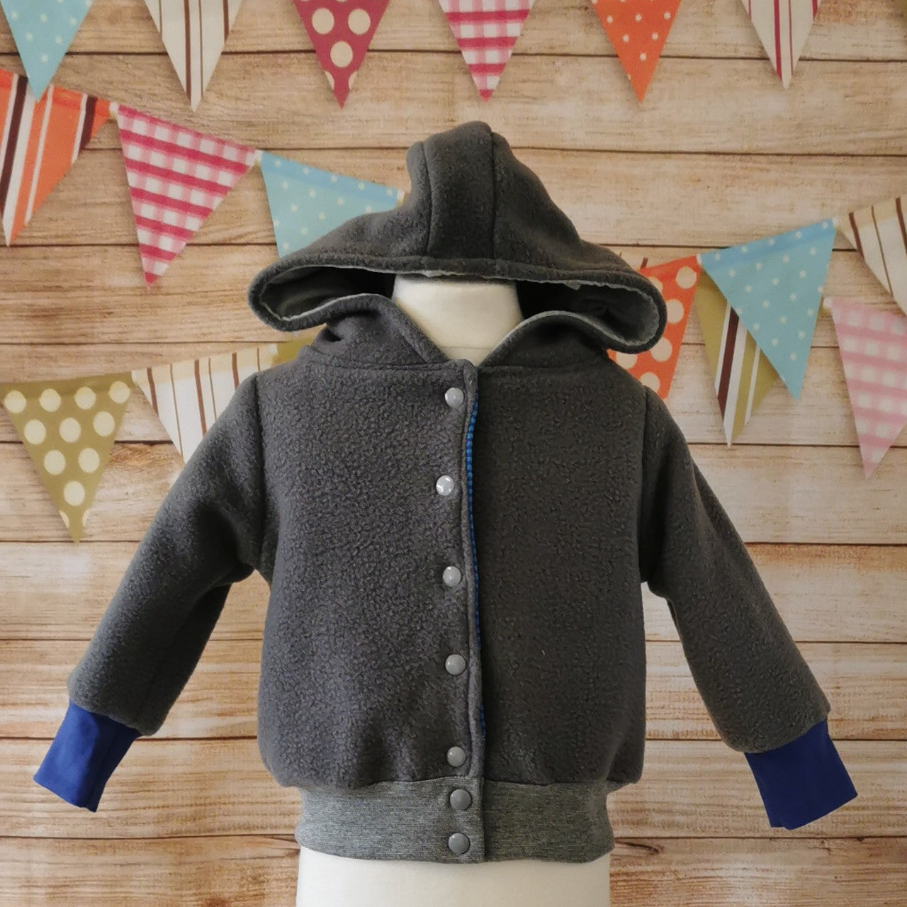 Reversible Popper Hoodie or Sleeveless - Blue Striped & Light Grey Bunny / Grey & Blue