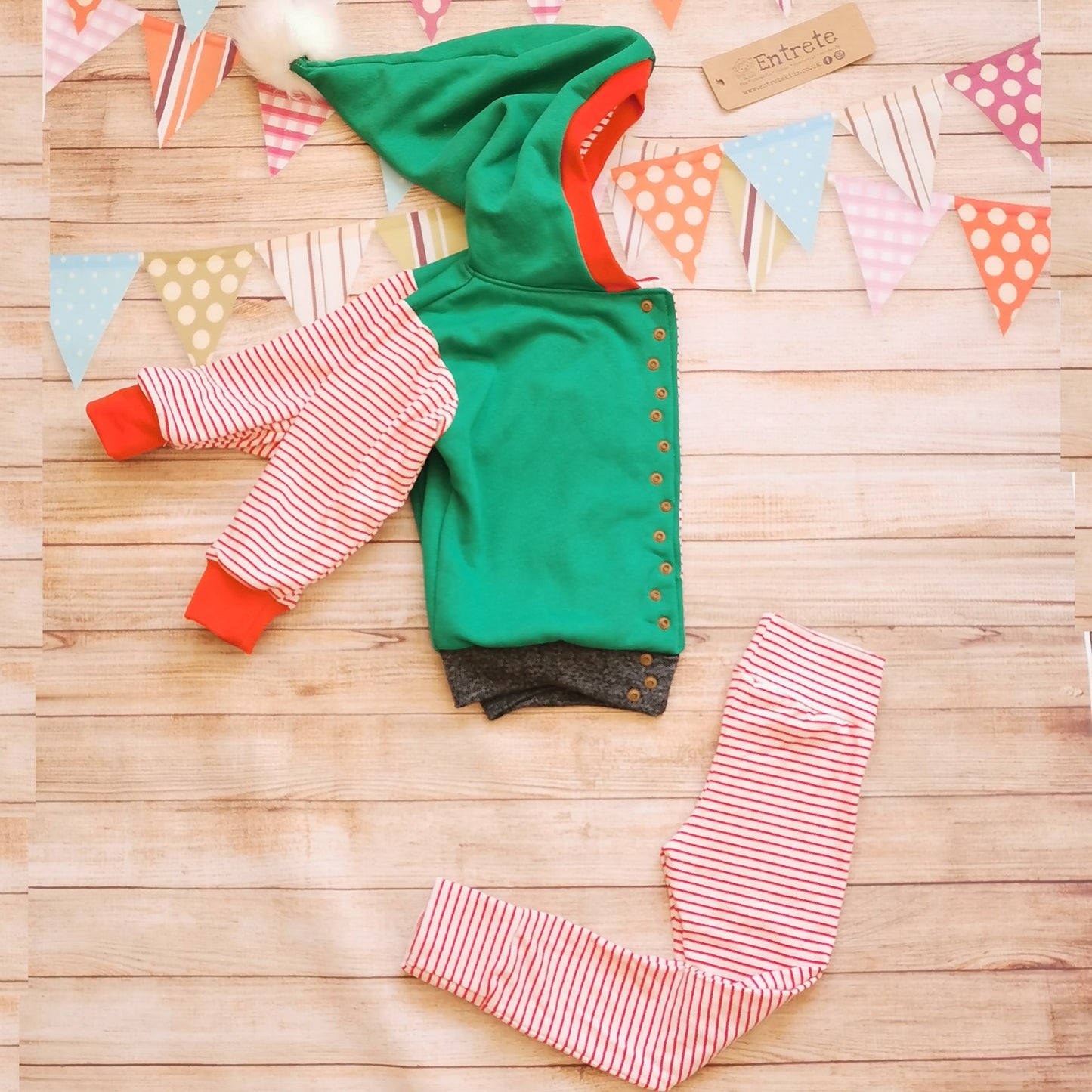 Soft and comfortable leggings handmade using red striped cotton jersey. Shown as a set with the superb reversible Elf hoodie. (sold separately)