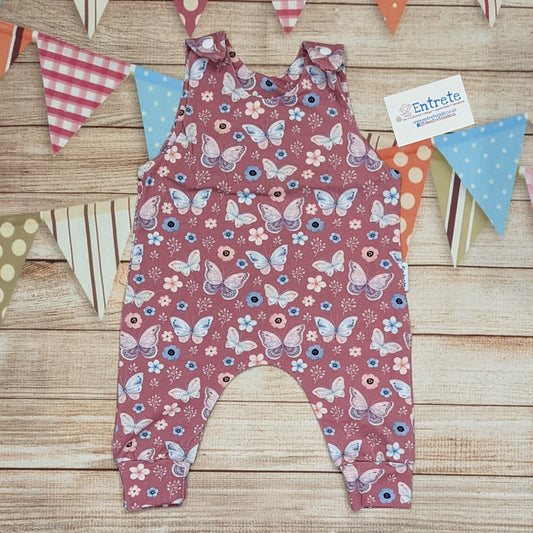 Pretty pink butterflies organic sleeveless romper. Handmade using organic pink butterflies cotton jersey.