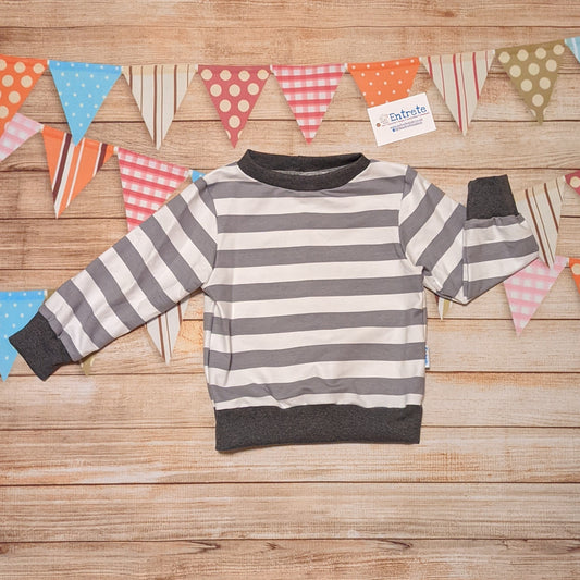 Grey and white striped sweatshirt. Handmade using grey striped cotton French terry and graphite cotton ribbing.