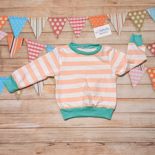Pink and white striped sweatshirt. Handmade using pink striped cotton French terry and mint cotton ribbing.