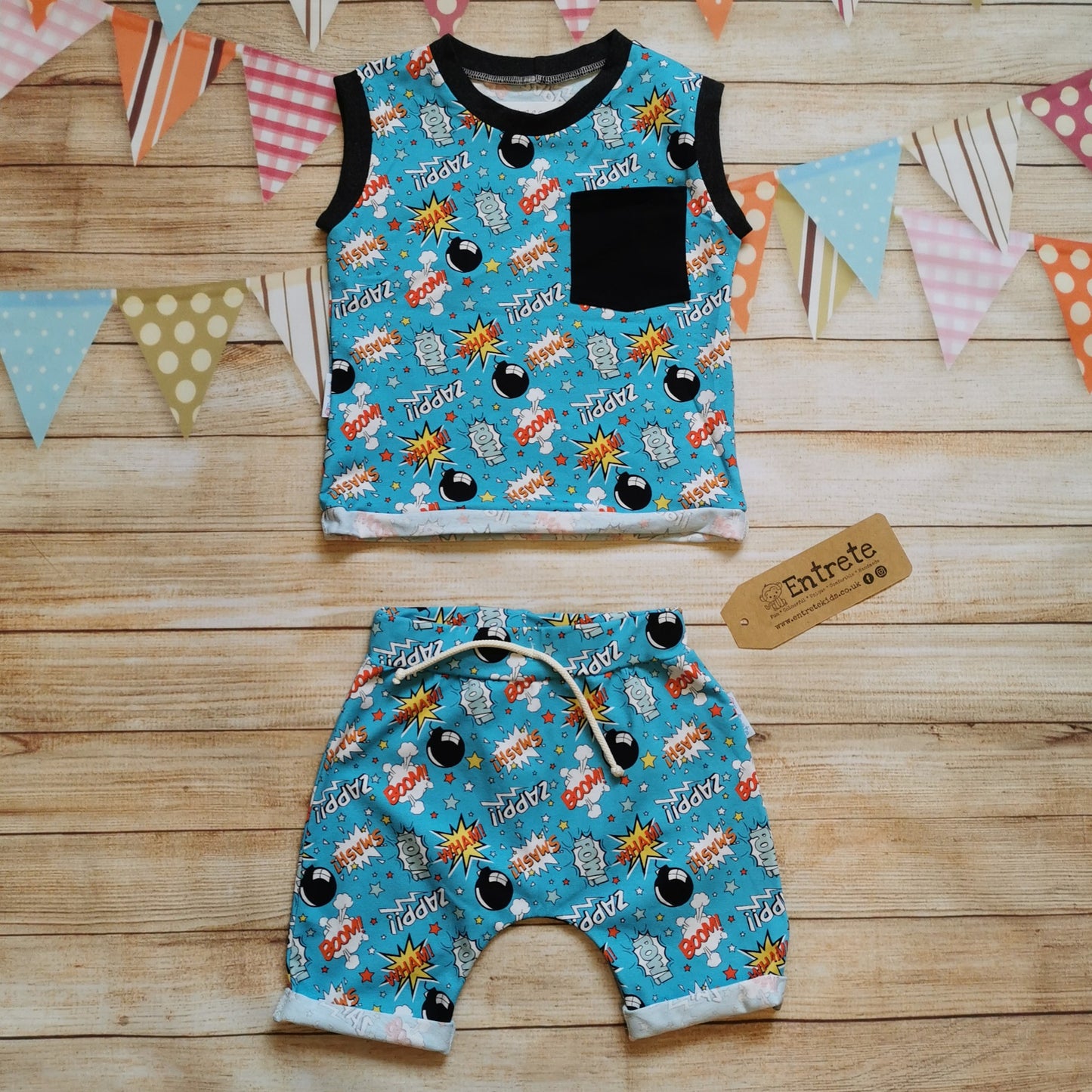 Turquoise boom pow wow harem shorts shown with matching tank top (sold separately)