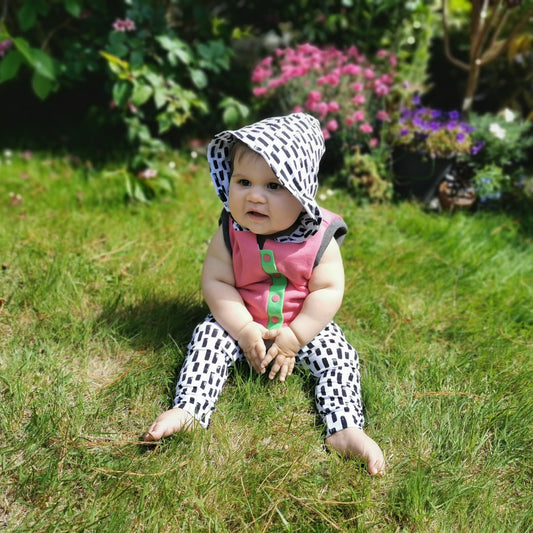 Reversible Sleeveless Popper Hoodie - Pink & Green/Abstract Stripes