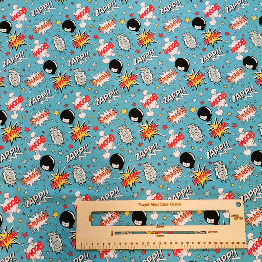 Your baby gift set will be handmade using the vibrant and fun turquoise boom pow wow cotton jersey.