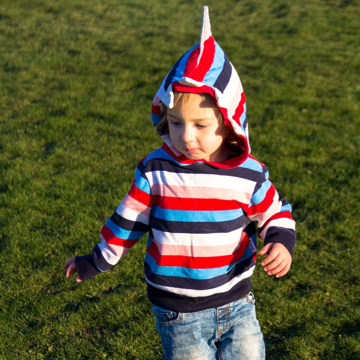 Danny in his colour striped shark hoodie.