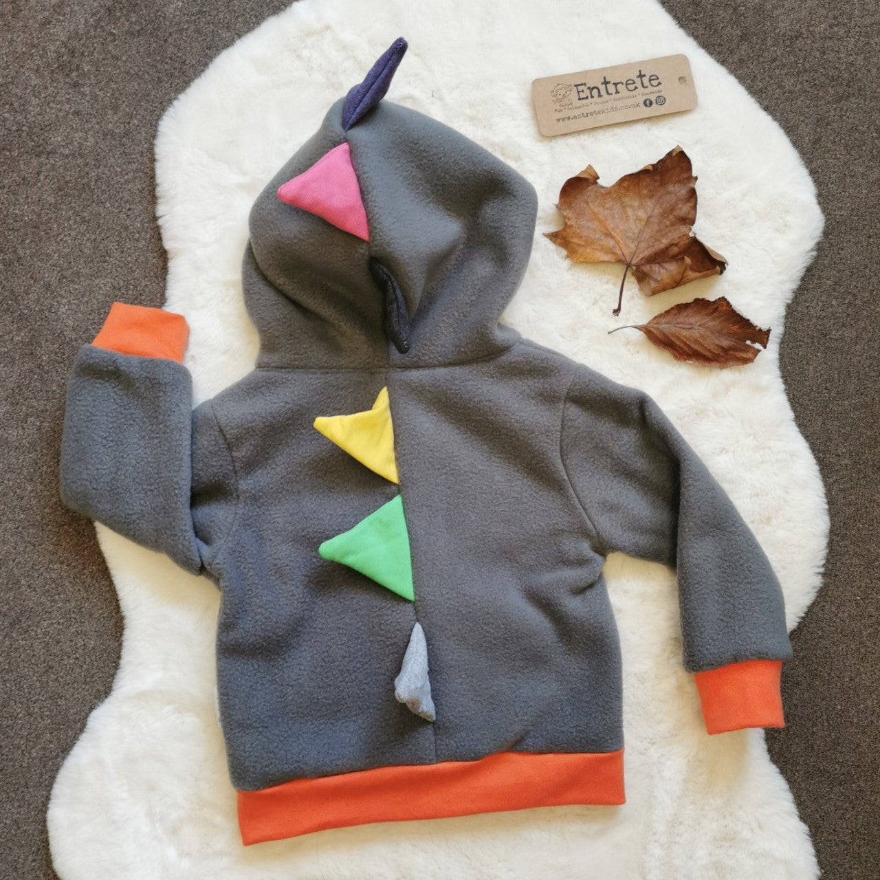 Reversible Popper Hoodie or Sleeveless - Grey & Orange Dinosaur / Feathers & Orange