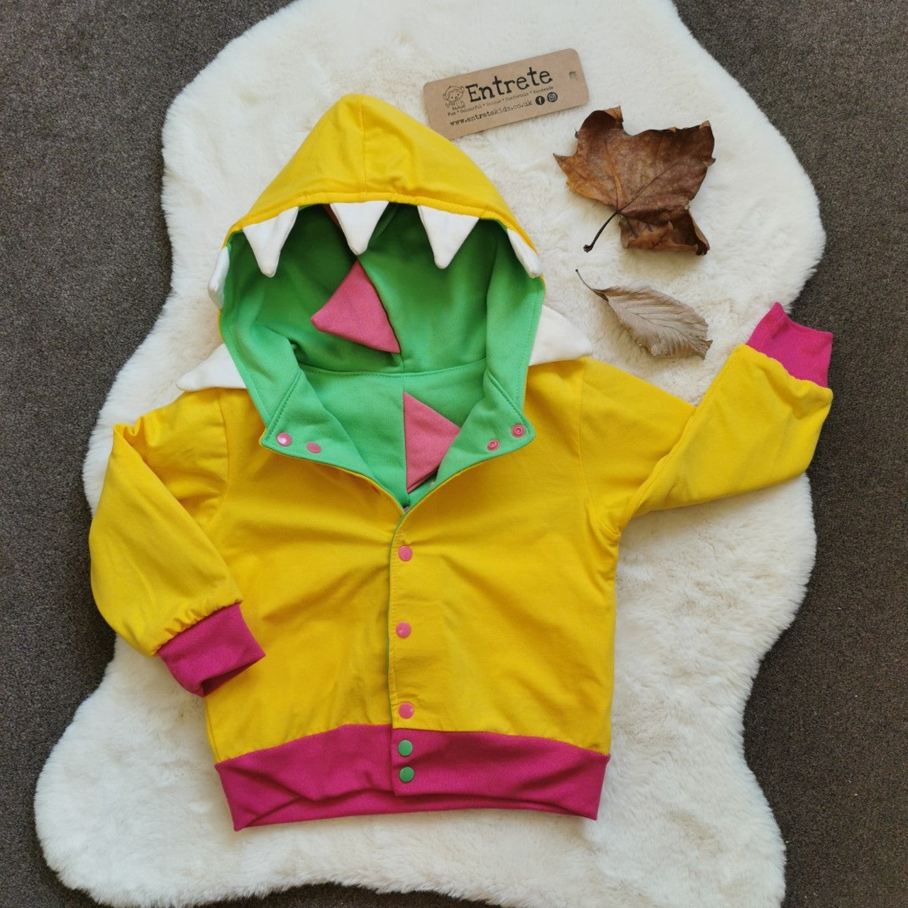 Reversible Popper Hoodie or Sleeveless - Green & Fuchsia Dinosaur / Yellow & Fuchsia