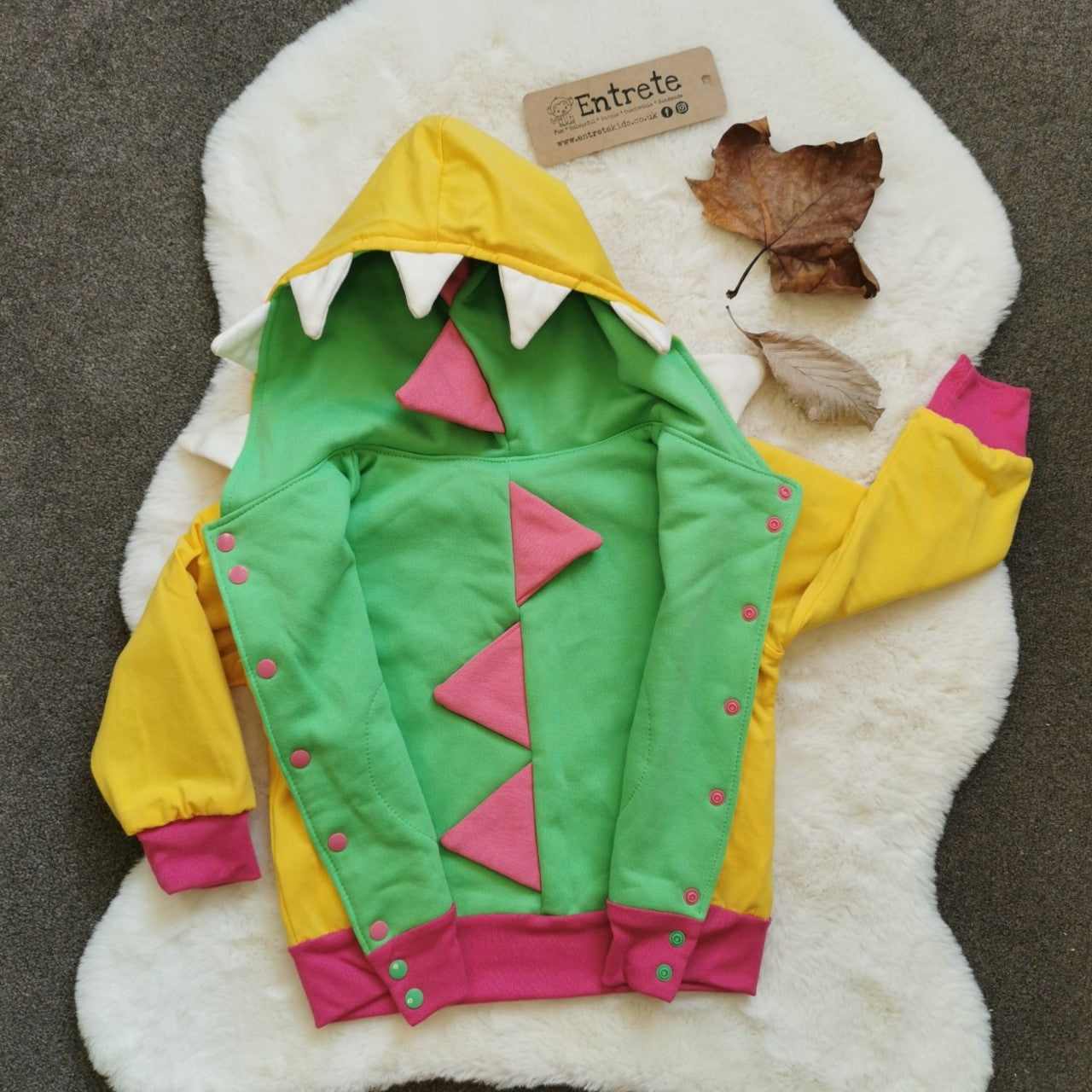Reversible Popper Hoodie or Sleeveless - Green & Fuchsia Dinosaur / Yellow & Fuchsia