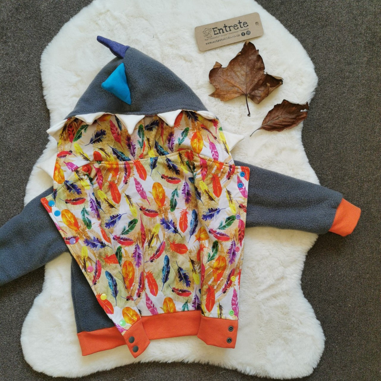 Reversible Popper Hoodie or Sleeveless - Grey & Orange Dinosaur / Feathers & Orange